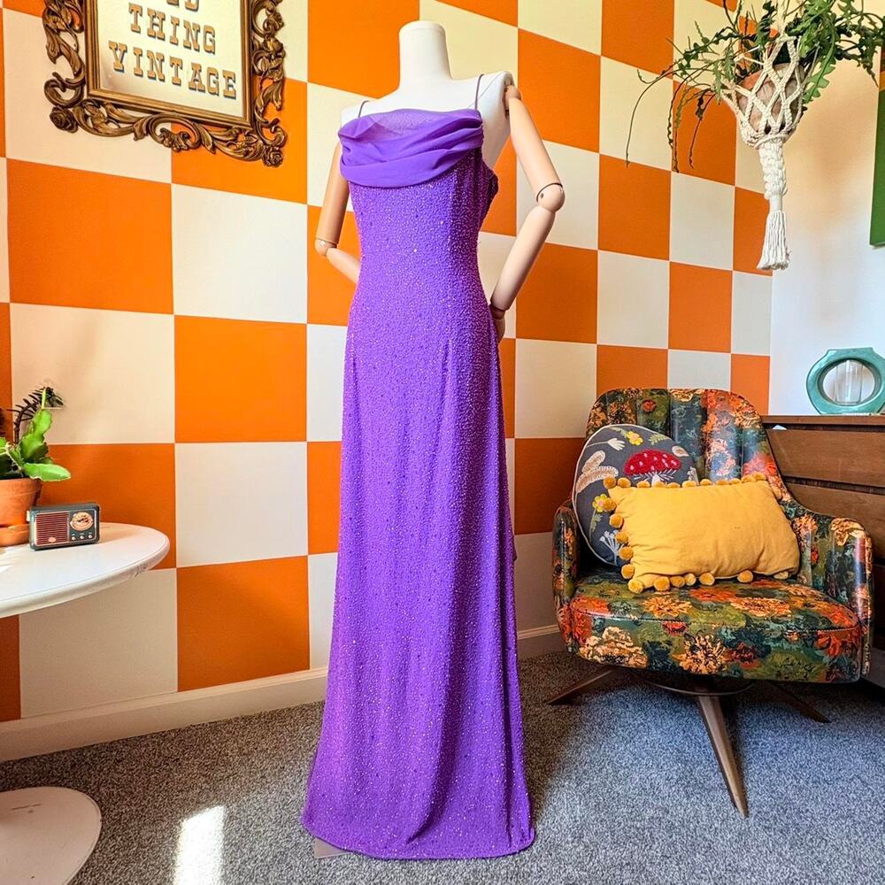 90s Vintage Purple Glass Beaded Sequin Formal Prom Dress